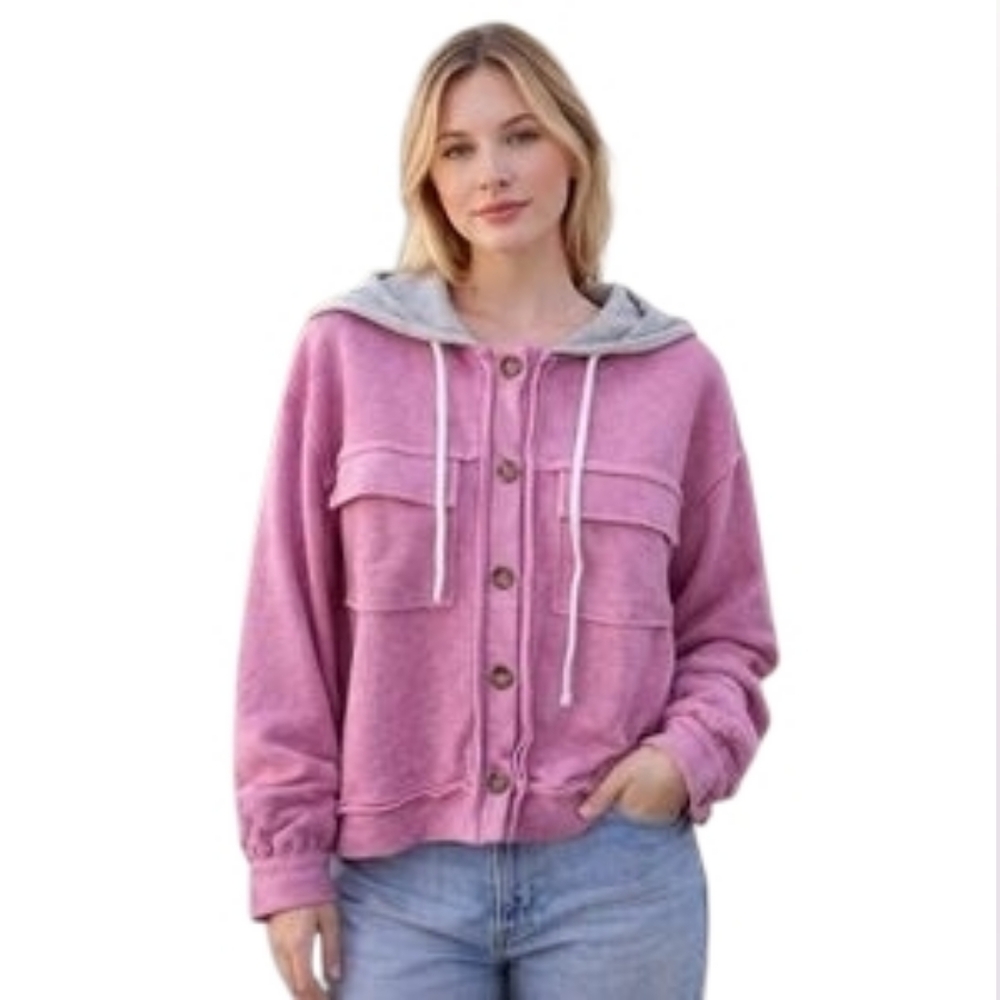 New Zenana Button Front Hoodie Jacket Womens Size M Pink Gray Athleisure Relaxed